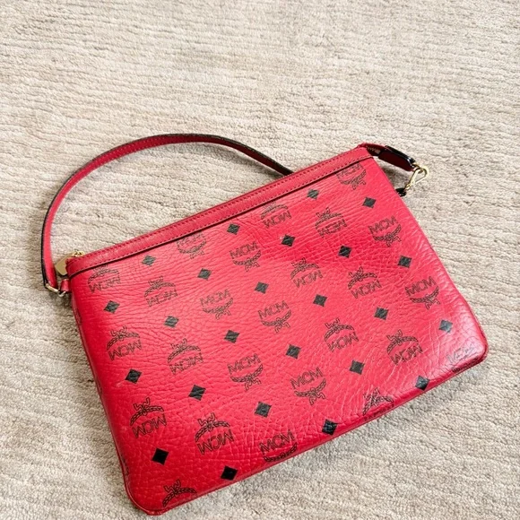 Mcm Red Visetos Coated Canvas Liz Pouch Shoulder Bag - Picture 3 of 13